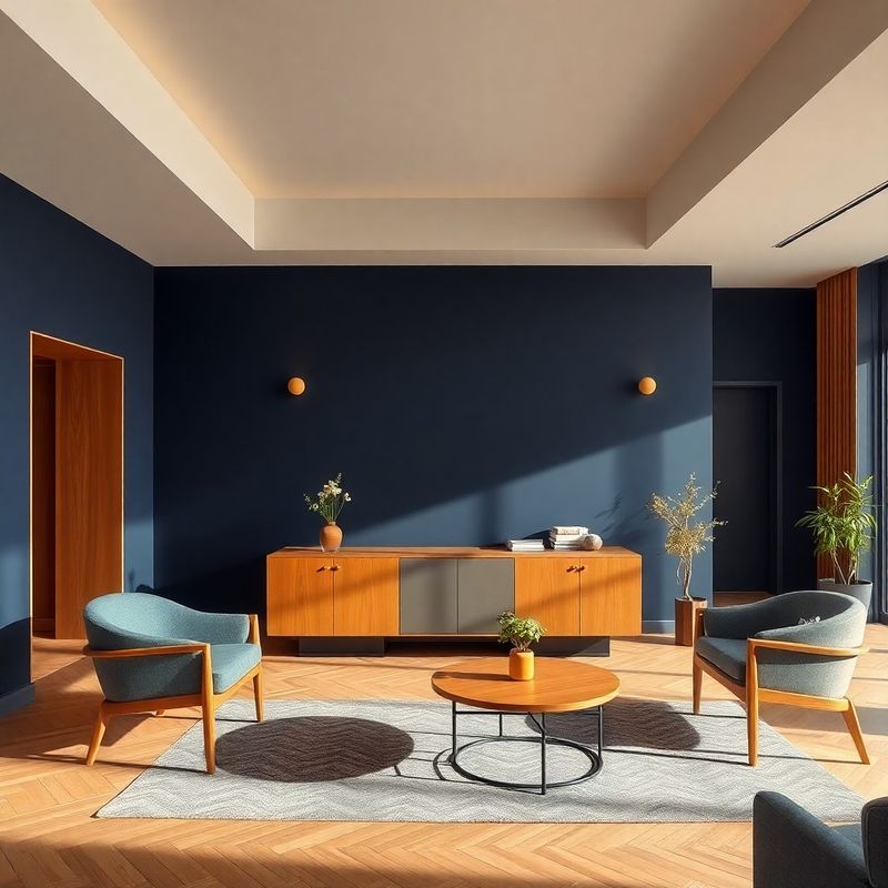 Recepție a unui cabinet boutique din București, cu perete indigo și accente calde de lemn