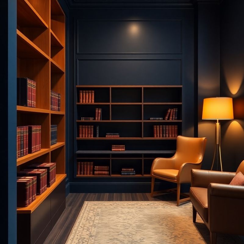 Interior de birou boutique de consultanță patrimonială, cu pereți indigo și lemn cald